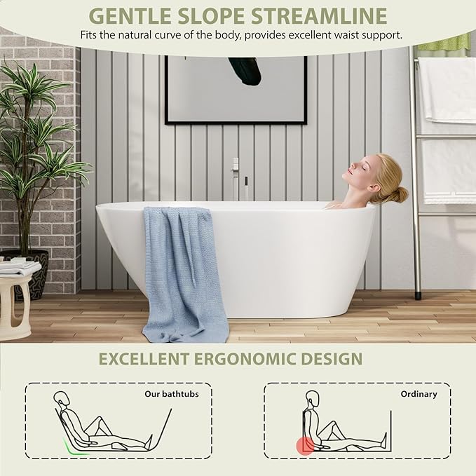 Mocoloo 59" Acrylic Freestanding Bathtub Contemporary Soaking White Bath Tub with Gold Overflow and Drain
