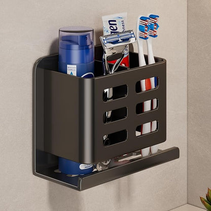 Black Wall-Mounted Toothbrush Holder, Aluminum Material Shower Shaver Storage Rack, No Drilling Required, Removable Toothpaste Storage Rack