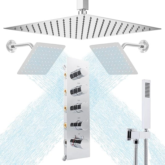 Thermostatic Shower System three Shower Heads with 16" Ceiling Mounted Rain Shower Head & 2 x 6" Wall Mounted Head 4 Function Full Body Shower System Can All Run Together, Chrome