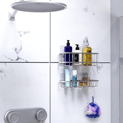 Simple Houseware Bathroom Adhesive Wall Mount Standard Shower Caddy w/Hooks, Chrome, 2 Pack