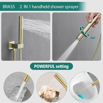 Hoimpro Shower System Set with 12 Inch Bathroom Rain Mixer Shower Head and Handheld Wall Mounted, Rainfall Shower Faucet Fixture Combo with High Pressure 2 in 1 Handheld Showerhead, Brushed Gold