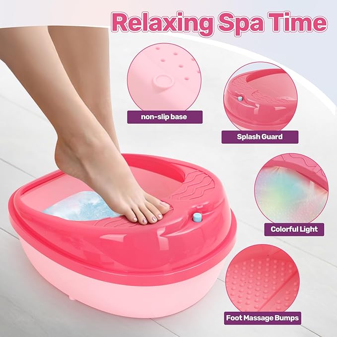 Kids Foot Spa & Nail Art Kit for Kids 4-12 – All-in-1 Foot Spa Set with Colorful Lights & Manicure Set – Fun Girls Spa Kit for Parties & Christmas Birthday Gifts for 6 8 9 10-12 Year Old Girls
