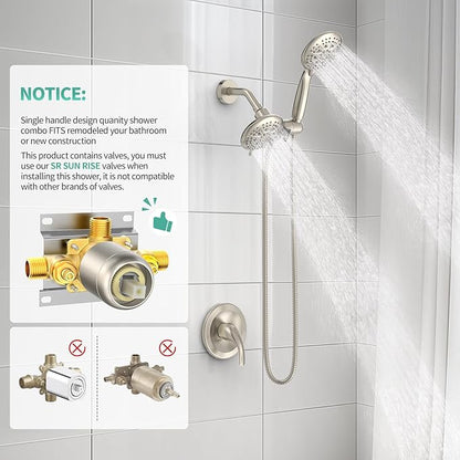 SR SUN RISE Shower System with Handheld Shower and Rain Shower Combo Set High Pressure 5-spray Dual 2 in 1 Shower Faucet Patented 3-way Diverter Brushed Nickel (Valve Include）
