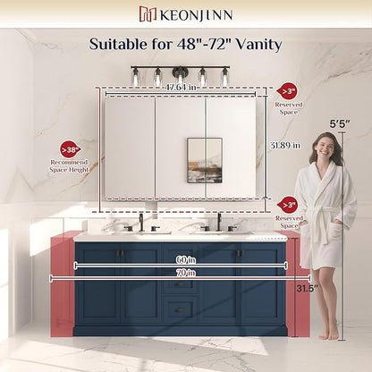 Keonjinn 48 x 32 Inch Oversized Medicine Cabinet for Bathroom with Mirror, Assembly Required, Silver Aluminum Structure, Free Adjustable Shelves, Combined Recessed or Surface Mount Wall Cabinet