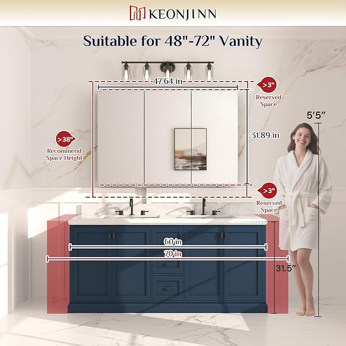 Keonjinn 48 x 32 Inch Large Medicine Cabinet Mirror, Assembly Required, White Bathroom Medicine Cabinets, Aluminum Framework, Adjustable Shelves, Tempered Glass, Soft Closing, Recessed or Wall Mount