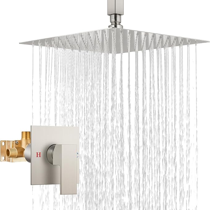 Airuida Shower Faucet Set and Handle Set Single Function Shower Trim Kit Ceiling Mount Rainfall Shower System with Male Threads and Rough-in Valve 12 Inch Square Shower Head Brushed Nickel