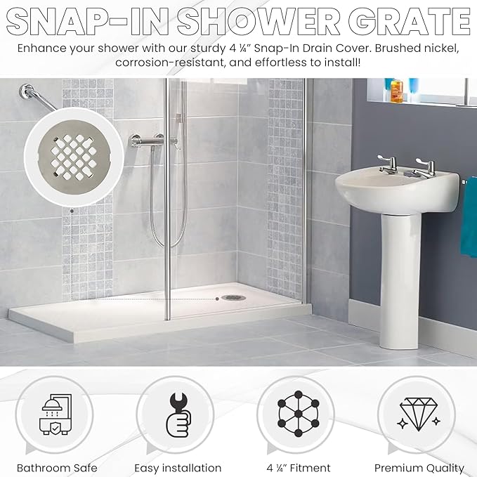 4 ¼” Brushed Nickel Snap-in Shower Drain Cover - Stainless Steel Replacement - 4.25" OD Shower Drain Strainer - Easy Install - Premium Round Shower Drain Cover - Solid Brass Construction
