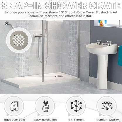 4 ¼” Brushed Nickel Snap-in Shower Drain Cover - Stainless Steel Replacement - 4.25" OD Shower Drain Strainer - Easy Install - Premium Round Shower Drain Cover - Solid Brass Construction