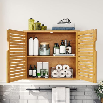 VIAGDO Wall Cabinet Bathroom Storage Cabinet Wall Mounted with Adjustable Shelves Inside, Double Door Medicine Cabinet, Utility Cabinet Organizer Over Toilet, Bamboo, 23.2''Lx8.1''Wx20.4''H