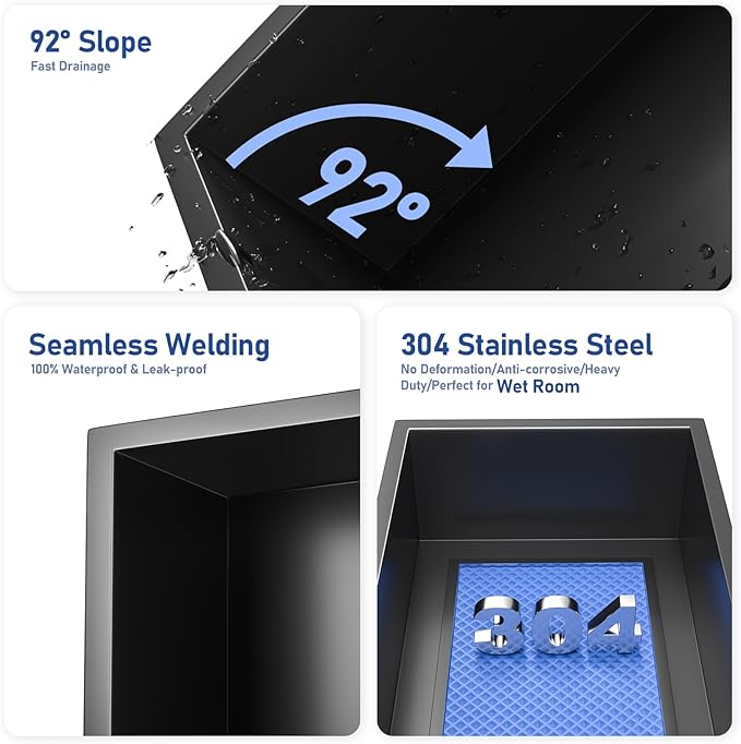 Stainless Steel Shower Niche 36" X 12" Matte Black No Tile Needed Horizontal Niche Shower Recessed Wall Niches for Bathroom Storage Over Mount Installation