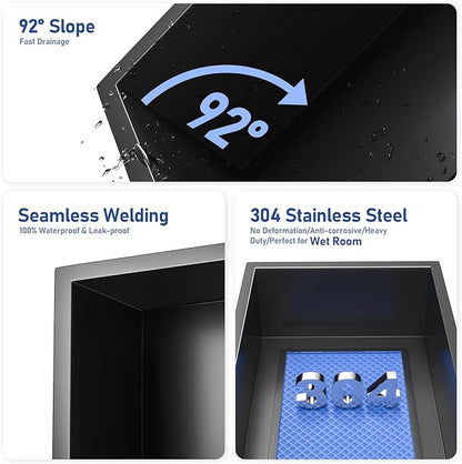 Stainless Steel Shower Niche 12" X 12" Matte Black No Tile Needed Niche Shower Recessed Wall Niches for Bathroom Storage Over Mount Installation