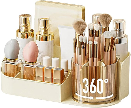 DASITON Large Capacity Makeup Organizer with 360° Rotating Makeup Brush Holder, Perfume and Skincare Storage Organizers for Vanity Bathroom Countertop, Cosmetic Display Case (Cream, 1 Tier)
