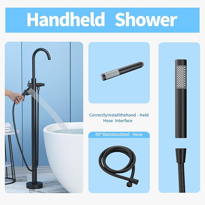 Freestanding Tub Filler Matte Black Floor Mount Bathtub Faucet Bathroom,Rough-in Valve 2 Function Handshower for Tub Rinsing Bathing,Anti-Wobble Base,Cylinder Handheld