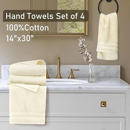 Bath Hand Towels Set of 4, 14"x30" - 100% Cotton | Light Weight | Thick 480 GSM | Soft | Absorbent, Yellow Hand Towels for Bathroom | Showering | Guest Use, Bathroom Essentials & Home Decor