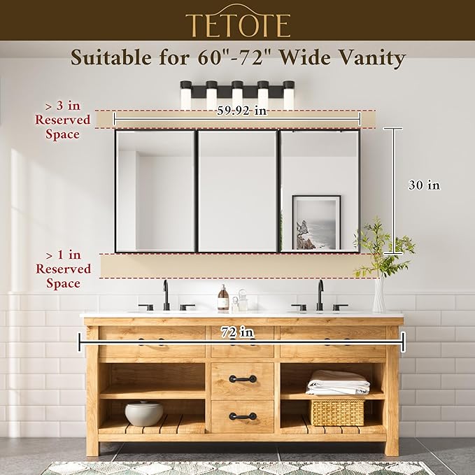 TETOTE 60" x 30" Brushed Nickel Medicine Cabinet Storage with Mirror Farmhouse Bathroom Medicine Cabinet with Adjustable Shelves Wall Mounted or Recessed