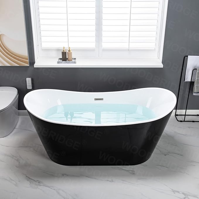 WOODBRIDGE 67" Acrylic Freestanding Bathtub Contemporary Soaking Tub with Brushed Nickel Overflow and Drain,Black,B1815-BN