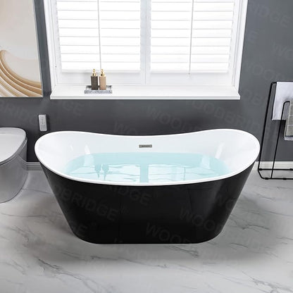 WOODBRIDGE 67" Acrylic Freestanding Bathtub Contemporary Soaking Tub with Brushed Nickel Overflow and Drain,Black,B1815-BN