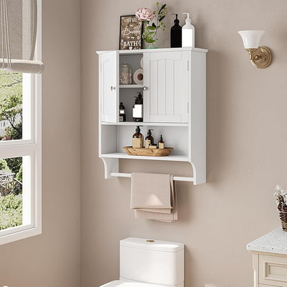 Bathroom Cabinet, White Bathroom Wall Cabinet with 2 Doors and Adjustable Shelf, Wall Mount, Towel Rack, Over The Toilet Storage Cabinet, Medicine Cabinet