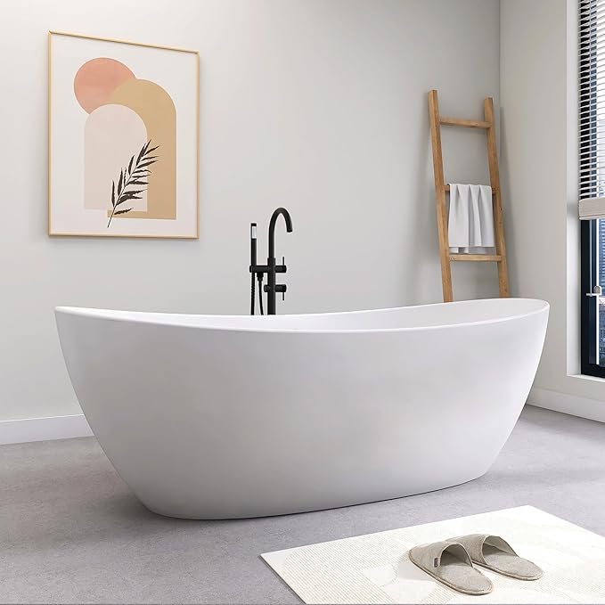 SJ STAR&JANE 73" Solid Surface Freestanding Bathtub Stone Resin Tub Oval Double Slippers Stand Alone Soaking Tub with Pop-up Drain and Overflow, Matte White