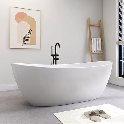SJ STAR&JANE 73" Solid Surface Freestanding Bathtub Stone Resin Tub Oval Double Slippers Stand Alone Soaking Tub with Pop-up Drain and Overflow, Matte White