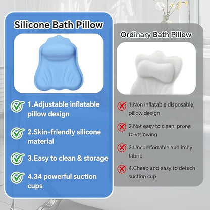 Silicone Bath Pillow for Tub Adults, 4D Air-Cushion Bathtub Pillow for Head Neck and Back Support, Non-Slip Suction Cups, Quick-Drying Waterproof Spa Pillow, Easy to Clean & Store，Blue