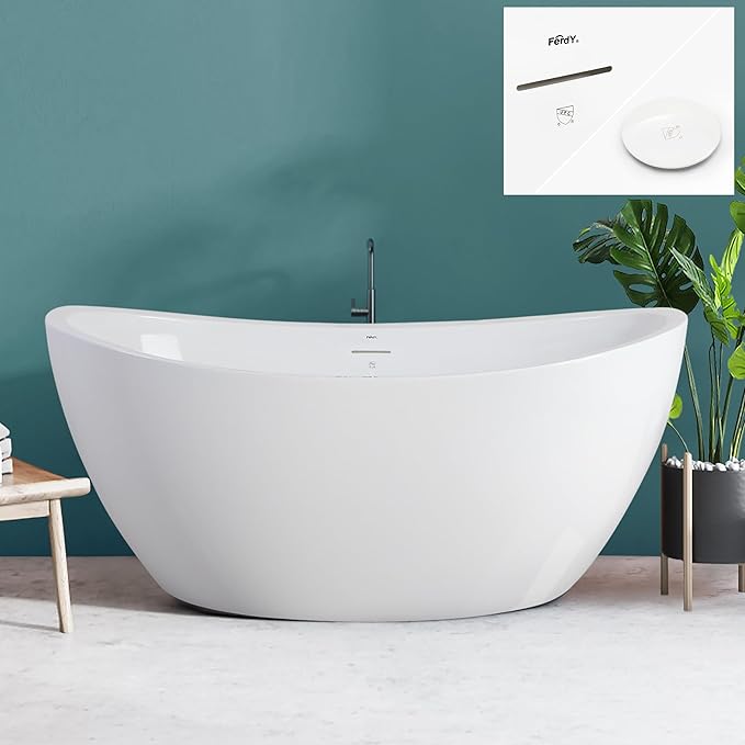 FerdY Naha 59" Acrylic Freestanding Bathtub, Curve Edge Freestanding Soaking Bathtub, Glossy White, cUPC Certified, Polished White Drain & Minimalist Linear Design Overflow Included