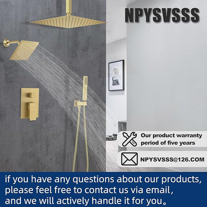Shower System Dual Shower Heads with 12" Ceiling Mounted Rain Shower Head & 6" Wall Mounted Head Full Body Luxury Rain Shower System 3 Way Pressure Balance Valve Kit, Brushed Gold