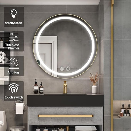 30 inch Round Medicine Cabinet with Lights,Led Medicine Cabinet with Defogger,Illuminated Mirror Cabinet for Bathroom,Dimmable,Defogger,3 Color Temperature 3000k-6500k Black