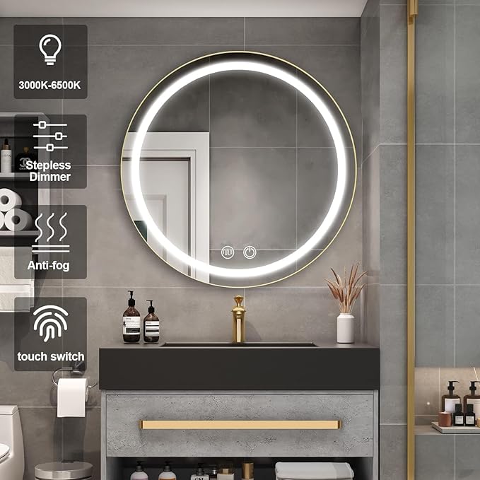 24inch Round Medicine Cabinet with Lights,Led Medicine Cabinet with Defogger,Illuminated Mirror Cabinet for Bathroom,Dimmable,Anti-Fog,3 Colors,Surface Mount Only,Black