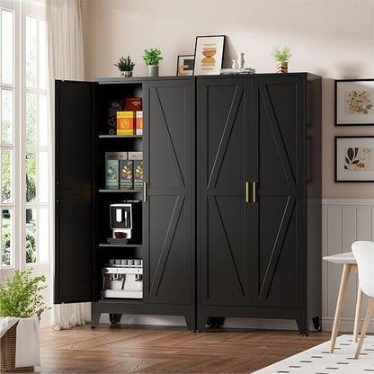 61" Black Metal Storage Cabinet, Farmhouse Pantry Cabinet with 2 Vintage Barn Doors and 3 Adjustable Shelves, Rustic Freestanding Cupboard for Kitchen,Home Office Living Room,Dining Room