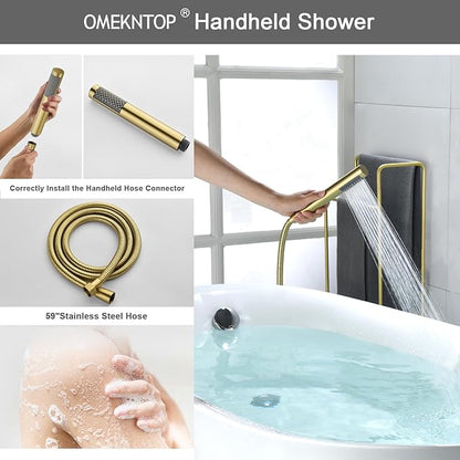 Modern Freestanding Tub Faucet with 360 Swivel Gooseneck Spout and Handheld Shower, Gold Floor Mount Tub Filler