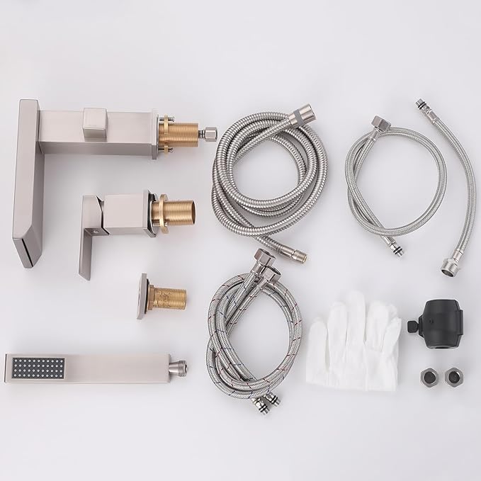 Waterfall Roman Tub Faucet with Hand Shower, Deck Mount Tub Filler Bathtub Faucet with Sprayer, Brass Widespread 3 Hole Bathtub Shower Faucet Set, Brushed Nickel