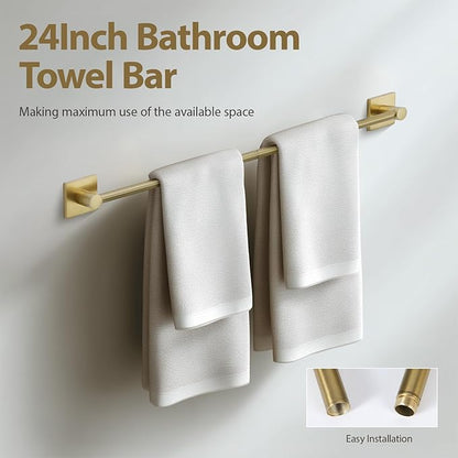 Bathroom Accessories Set Brushed Gold Towel bar Set, 4 Piece Towel Rack Set Towel bar for Bathroom Wall Mounted Durable 24 inch Towel bar Robe Hook Towel Ring Toilet Paper Holder