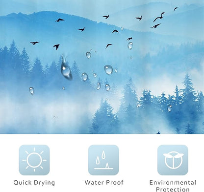 Riyidecor Navy Blue Shower Curtain，Mountain Nature Woodland Scenery，Park Scene View Natural Foggy Pine Tree Alpine Cool Designer Bathroom Decor Fabric Polyester Waterproof 12 Pack Hooks 72Wx72H Inch
