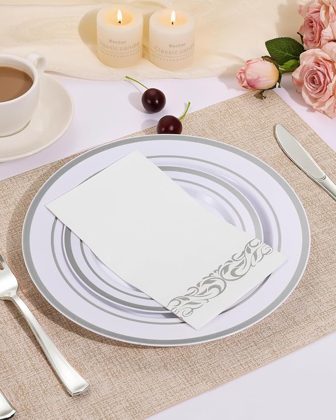Goodluck 200 Pack 3-Ply Disposable Napkins - Soft & Absorbent Paper Hand Towels for Bathroom Guests, Dinner Party, Kitchen,Christmas， Wedding & Events, Parties - Floral Siliver Trim