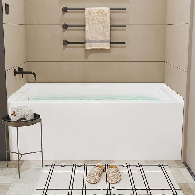 60 Inch Alcove Soaking Bathtub, Rectangular Acrylic Tub with Integral Apron, Left Drain, Glossy White Finish, Brushed Nickel Pop-Up Drain, Contemporary Recessed Bathtub for Bathroom Upgrade