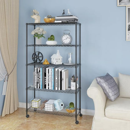 5 Tier Storage Racks Shelving, Heavy Steel Pantry Shelves, Adjustable Wire Shelving Rack with Wheels, Suitable for Garage, Kitchen, Bathroom, Office, 35" W x 14" D x 65" H, Black