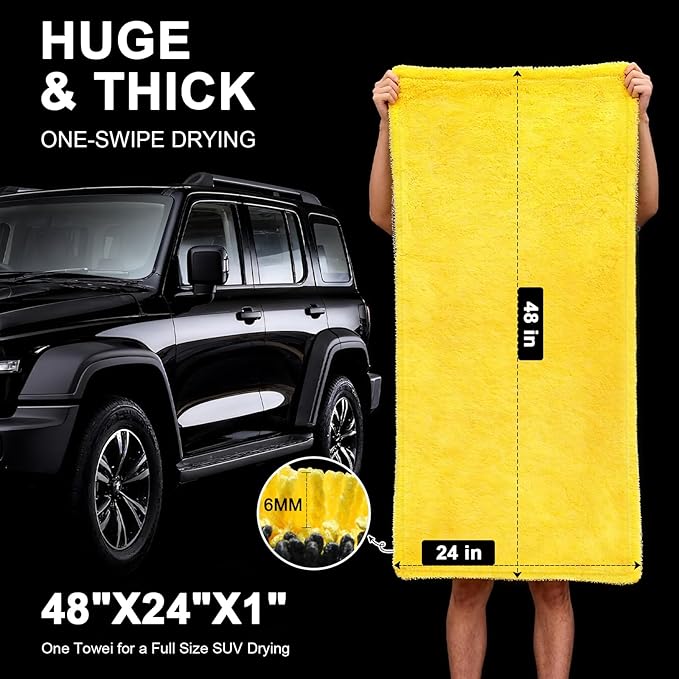 1400 GSM Car Drying Towels – Microfiber Towels for Cars (48" x 24"), Ultra-Absorbent, Streak-Free, Scratch-Free, No Water Spots, Double-Twist Pile & Edgeless Design