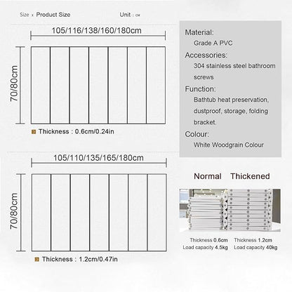 Adjustable Foldable Dust-Proof Bathtub Cover White,Waterproof Shutter Bathtub Tray & Laptop Desk 2 in 1 Fits Most Tubs,Modern Bath Tub Racks for Home(Size:0.47in Thick,Color:0.7Mx1.35M(27.5"x53"))