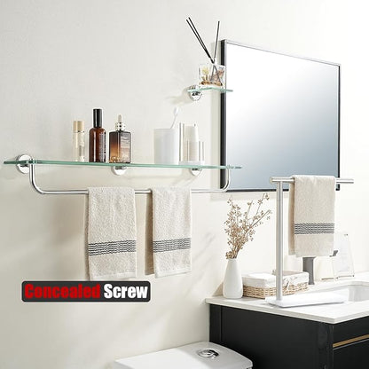 JQK Bathroom Glass Shelf Polished Chome, Shelf with 29 Inch Towel Bar Tempered Glass Shower Storage 30 by 5 inches, 304 Stainless Steel Silver Finish Wall Mount, TGS100L30-CH