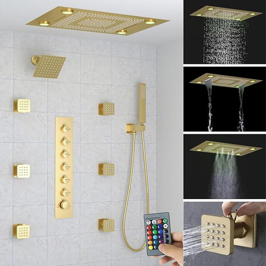 24x32 LED Dual Head Shower System 24"x32" Ceiling Mount Shower Head Thermostatic Shower System Rainfall Shower Set with 6 Inches Shower Head and 6 Body Jets High Pressure Shower Handheld