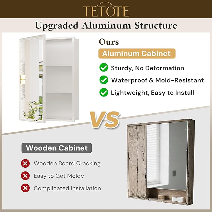TETOTE White Medicine Cabinet 16" x 24" Bathroom Mirror with Storage Stepless Adjustable Shelves Beveled Aluminum Framed Modern Farmhouse Medicine Cabinets Recessed or Wall-Mounted