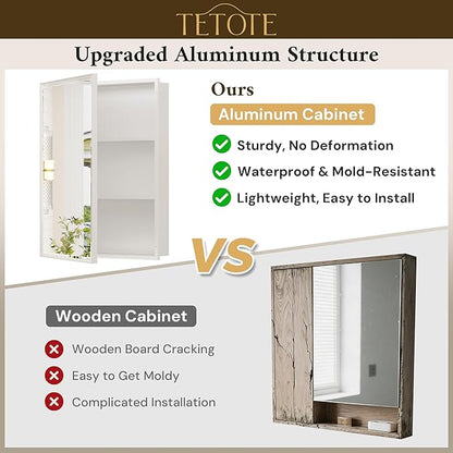 TETOTE White Medicine Cabinet 16" x 24" Bathroom Mirror with Storage Stepless Adjustable Shelves Beveled Aluminum Framed Modern Farmhouse Medicine Cabinets Recessed or Wall-Mounted