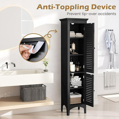 Tangkula 63" Tall Bathroom Storage Cabinet, Freestanding Narrow Linen Tower with Adjustable Shelf, Modern Slim Floor Cabinet with 2 Doors for Bathroom, Living Room, Kitchen (Black)