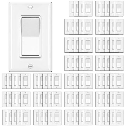 BESTTEN 100 Pack Single Pole Decorator Wall Light Switch with Wall Plate, 15A 120/277V, On/Off Rocker Paddle Interrupter for LED and Other Lamps, UL Listed, White