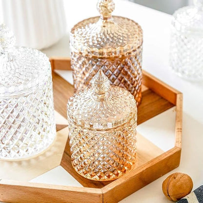 Colorful Home Decorative Jar Qtips Holder Dispenser Glass Storage Container Bathroom Counter Vanity Organizer for Bath Salts/Swabs/Rounds Makeup Sponges Toothpick Jewelry(Amber,20 oz)