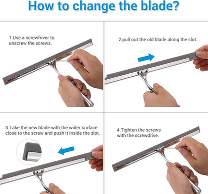 Shower Squeegee for Glass Doors, 12" Stainless Steel Squeegees for Shower Doors, Bathroom, Window and Car Glass, All-Purpose Cleaning Squeegee with Matching Hooks Holder, 1 Replacement Squeegee Blade