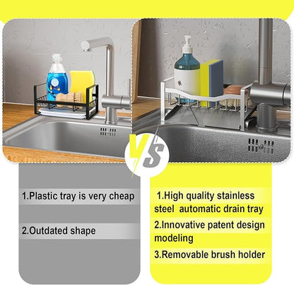 Maifan Kitchen Sink Caddy Organizer Sponge Holder for Kitchen Sink with Stainless Steel Auto Drain Tray, Self Drain Dish Soap Sponge Caddy Rack for Countertop Storage Gadgets Silver Grey
