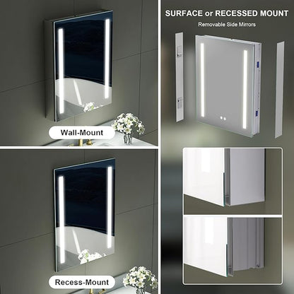 WELLFOR 24" X 30" LED Medicine Cabinet with Mirror, Single Left Opening Door, Recessed or Surface Cabinet Mirror, Bathroom Mirror Cabinet, Medicine Cabinet with Lights with Outlets & USB Ports