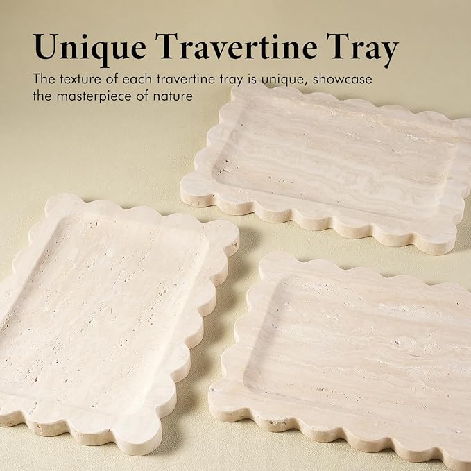 Koville Romano Travertine Vanity Tray, 11"x8" Natural Marble Decorative Scalloped Tray for Jewelry Cosmetics Perfume Trinket, Stone Organizer Tray for Countertop Bathroom Kitchen Dresser(Beige)
